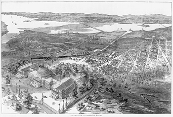 Balloon view of Washington, D.C., Harper's Weekly, July 27, 1861, p. 476. Library of Congress Prints and Photographs Division, LC-USZ62-71022. Smithsonian Institution Building can be seen at the top center east of the Potomac River and Virginia, Washington Canal visible, proceeding from the Potomac River due east and then southeast. Balloon view of Washington, D.C., Harper's Weekly, July 27, 1861, p. 476. Library of Congress Prints and Photographs Division, LC-USZ62-71022. Smithsonian Institution Building can be seen at the top center east of the Potomac River and Virginia, Washington Canal visible, proceeding from the Potomac River due east and then southeast.