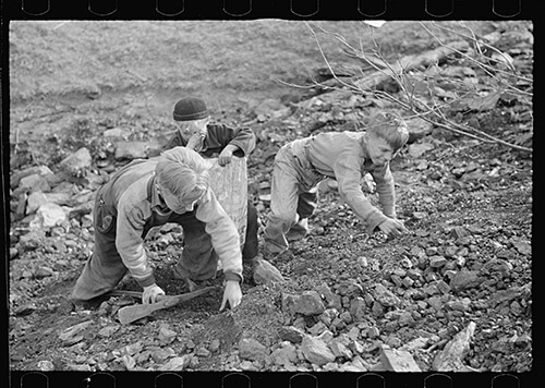 John Vachon, Miner's sons salvaging coal during May 1939 strike, Kempton, West Virginia. Library of Congress Prints and Photographs Division, FSA/OWI Black-and-White Negatives Collection, LC-USF34-032709-D. John Vachon, Miner's sons salvaging coal during May 1939 strike, Kempton, West Virginia. Library of Congress Prints and Photographs Division, FSA/OWI Black-and-White Negatives Collection, LC-USF34-032709-D.