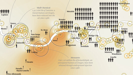 Details from Toxic Release Mapping, Petrochemical America, page 150–151. Illustration by Kate Orff. Courtesy of author. Details from Toxic Release Mapping, Petrochemical America, page 150–151. Illustration by Kate Orff. Courtesy of author.