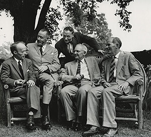 Photograph of the Fugitive Poets. From left to right: Allen Tate, Merrill Moore, Robert Penn Warren, John Crowe Ransom, and Donald Davidson, May 4, 1956. Vanderbilt University Special Collections and University Archives. 