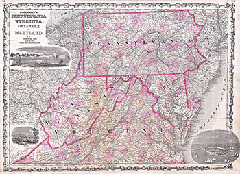 Alvin Jewett Johnson, "Johnson's Map of Pennsylvania, Virginia, Delaware and Maryland, 1863," from Johnson's New Illustrated (Steel Plate) Family Atlas with Descriptions, Geographical, Statistical, and Historical (A. J. Johnson & Ward edition, 1863). Alvin Jewett Johnson, "Johnson's Map of Pennsylvania, Virginia, Delaware and Maryland, 1863," from Johnson's New Illustrated (Steel Plate) Family Atlas with Descriptions, Geographical, Statistical, and Historical (A. J. Johnson & Ward edition, 1863).