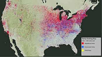 Digital Scholarship Lab, Screenshot of Voting America: United States Politics, 1840–2008, "Dot-Density Map of Presidential Voting, 1920," University of Richmond, 2011. Digital Scholarship Lab, Screenshot of Voting America: United States Politics, 1840–2008, "Dot-Density Map of Presidential Voting, 1920," University of Richmond, 2011.