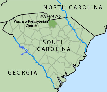 Map of South Carolina Waxhaws region, 2012. Map shows location of Waxhaw Presbyterian Church in Lancaster County, South Carolina. Map of South Carolina Waxhaws region, 2012. Map shows location of Waxhaw Presbyterian Church in Lancaster County, South Carolina.