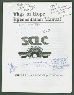 Draft of Wings of Hope Implementation Manual, circa 1995. Courtesy of SCLC records, MARBL, Emory University. Draft of Wings of Hope Implementation Manual, circa 1995. Courtesy of SCLC records, MARBL, Emory University.