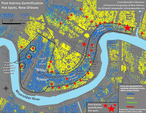 Richard Campanella, Post-Katrina gentrification hot spots, New Orleans, 2012. From Campanella's Bienville's Dilemma: A Historical Geography of New Orleans, 2008. Richard Campanella, Post-Katrina gentrification hot spots, New Orleans, 2012. From Campanella's Bienville's Dilemma: A Historical Geography of New Orleans, 2008.