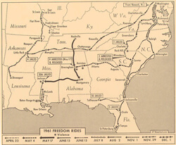 Associated Press, Map of 1961 Freedom Rides Routes, February 1962. Associated Press, Map of 1961 Freedom Rides Routes, February 1962.