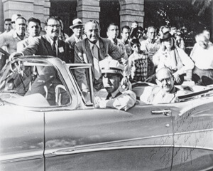Alfredo G. Garza, LULAC national president Felix Tijerina (in backseat) with Senator Lyndon B. Johnson, accompanied by Officer Jose Davila and Alfredo Garza, in a 1958 LULAC parade in Laredo, Texas, LBJ Library. From Fighting Their Own Battles: Mexican Americans, African Americans, and the Struggle for Civil Rights in Texas by Brian D. Behnken. Copyright © 2011 by the University of North Carolina Press. Used by permission of the publisher.