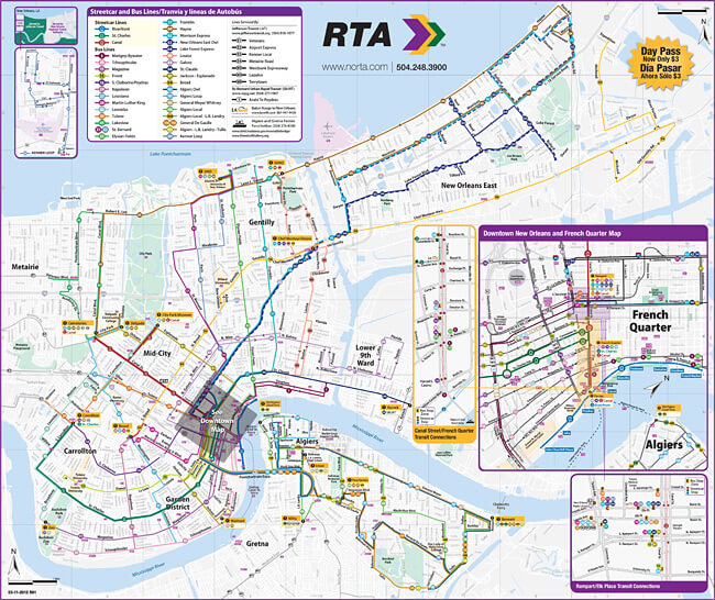 New Orleans Regional Transit Authority system map, New Orleans, Louisiana, and surrounding areas. In contrast to the New Orleans public transit system, the Columbia, South Carolina system "was an absolute nightmare" for many Hurricane Katrina evacuees.