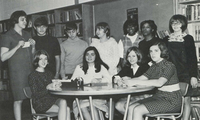 Virginia Ward, back row right, in a Library Club yearbook photo, Pebblebrook High, 1970. Cynthia Beavers, who began at Pebblebrook in 1969, stands next to Ward. Virginia Ward, back row right, in a Library Club yearbook photo, Pebblebrook High, 1970. Cynthia Beavers, who began at Pebblebrook in 1969, stands next to Ward.