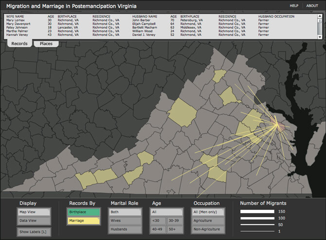 Scott Nesbit, Migration to Richmond County, 2010. Tidewater counties saw few migrants, forced or not, from the western part of the state. None of the men and women who registered their marriage in Richmond County were born west of the Blue Ridge Mountains. Scott Nesbit, Migration to Richmond County, 2010. Tidewater counties saw few migrants, forced or not, from the western part of the state. None of the men and women who registered their marriage in Richmond County were born west of the Blue Ridge Mountains.
