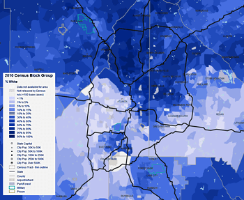 Percentage of metro Atlanta white residents by 2010 census block group, 2013. Data from Social Explorer.
