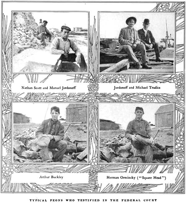Workers Nathan Scott, Manuel Jordoneff (also known as Jordomons), Michael Trudics, Arthur Buckley, and Herman Orminsky ("Square-head"), outside Lockhart, Alabama. Alexander Irvine, "My Life in Peonage," Appleton's Magazine, June 1907, 648. Workers Nathan Scott, Manuel Jordoneff (also known as Jordomons), Michael Trudics, Arthur Buckley, and Herman Orminsky ("Square-head"), outside Lockhart, Alabama. Alexander Irvine, "My Life in Peonage," Appleton's Magazine, June 1907, 648.