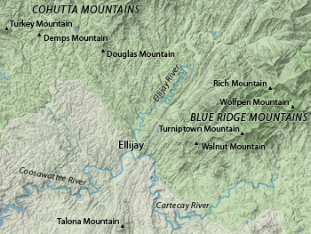 Geological Map of Ellijay, Georgia and the Cohutta and Blue Ridge Mountains, 2012. Topographical data from the USGS.