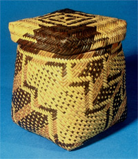 Cherokee basket and lid, double woven of river cane and dyed with walnut, early 1800s, Georgia, Yale Peabody Museum of Natural History.