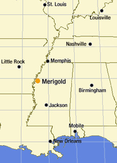 Sarah Toton, Map of U.S. South emphasizing Merigold, Mississippi, 2006.
