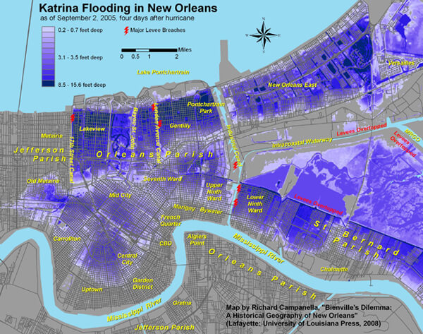 Katrina Flooding in New Orleans (larger version). Map by Richard Campanella, 2008.