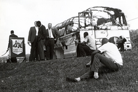 Joseph Postiglione, Freedom Riders' bus after attack, 1961