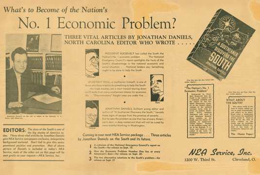 National Enterprise Association (NEA) service promotion, 1938. Jonathan Daniels Papers, Southern Historical Collection, The Wilson Library, University of North Carolina at Chapel Hill. National Enterprise Association (NEA) service promotion, 1938. Jonathan Daniels Papers, Southern Historical Collection, The Wilson Library, University of North Carolina at Chapel Hill.