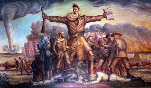 John Steuart Curry's 1941 mural, Tragic Prelude, embodies the Free State narrative. At thirty-one feet by eleven-and-a-half feet, it hangs in east wing of the Kansas State Capitol, image courtesy of Digital History. John Steuart Curry's 1941 mural, Tragic Prelude, embodies the Free State narrative. At thirty-one feet by eleven-and-a-half feet, it hangs in east wing of the Kansas State Capitol, image courtesy of Digital History.
