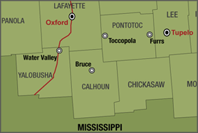 Map of Mississippi hill country, depicting sites where tornados have landed, 2008. Courtesy of Southern Spaces. Map of Mississippi hill country, depicting sites where tornados have landed, 2008. Courtesy of Southern Spaces.