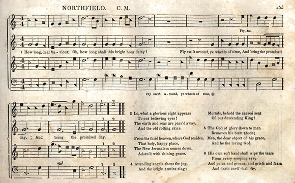 A page from the 1850 edition of B. F. White's and E. J. King's The Sacred Harp. The title, "Northfield," refers to the tune on which the arrangement is based and not to the lyrics of the hymn. Image courtesy of Emory University Pitts Theology Library.