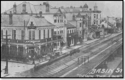 Photograph of Basin Street, circa 1900. Photograph of Basin Street, circa 1900.