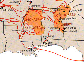 Map of Main Indian Removal Routes from James W. Clay, Paul D. Escott, Land of the South (Birmingham, AL: Oxmoor House, 1989).