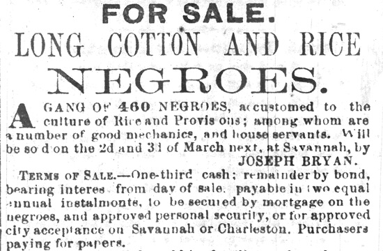 A detail from Joseph Bryan's Initial Advertisement for the Butler "Sale of Slaves," The Savannah Republican, Tuesday, February 8, 1859. A detail from Joseph Bryan's Initial Advertisement for the Butler "Sale of Slaves," The Savannah Republican, Tuesday, February 8, 1859.