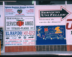 Signs outside of the Buford Highway Flea Market. Chamblee, Georgia. Photo by Mary Odem, 2001