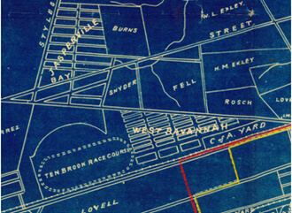 Detail showing Ten Broeck Race Course location, from Map of part of Chatham County, State of Georgia showing property lines in the environs of Savannah, from the latest surveys," 1897. Courtesy of Map Collection, University of Georgia. Detail showing Ten Broeck Race Course location, from Map of part of Chatham County, State of Georgia showing property lines in the environs of Savannah, from the latest surveys," 1897. Courtesy of Map Collection, University of Georgia.