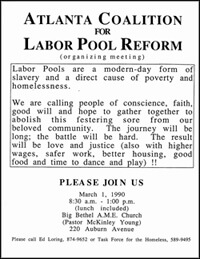 Labor pool reform meeting flyer. Atlanta, Georgia.  Flyer from Ed Loring's files, Open Door Community, Atlanta, Georgia.