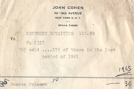 Royalties statement, Mountain Music of Kentucky, 1961 Royalties statement, Mountain Music of Kentucky, 1961