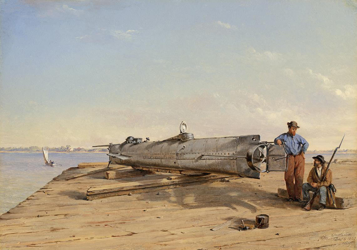 "Submarine Torpedo Boat H.L. Hunley, Dec. 6, 1863," Charleston, South Carolina, 1864. Oil on panel by Conrad Wise Chapman. Courtesy of Wikimedia Commons. Image is in public domain.