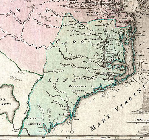 Johann Homann, "Virginia Marylandia et Carolina in America Septentrionali Britannorum industria excultae . . .," 1715. Via Wikimedia Commons. Johann Homann, "Virginia Marylandia et Carolina in America Septentrionali Britannorum industria excultae . . .," 1715. Via Wikimedia Commons.