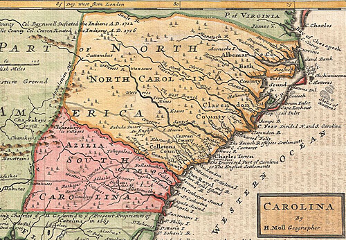 Herman Moll, "Map of Carolina," 1746. Via Wikimedia Commons. Herman Moll, "Map of Carolina," 1746. Via Wikimedia Commons.