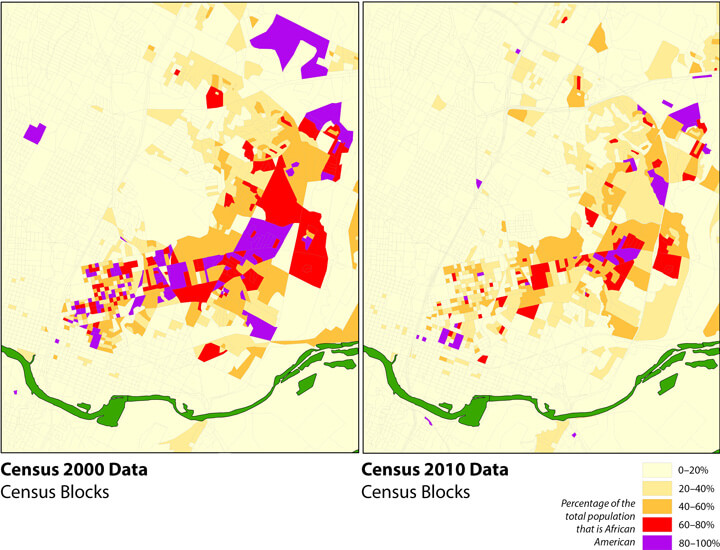 Changing African American Landscape, Eastern Core: African American Population Concentrations, 2000 and 2010. Map produced by Ryan Robinson, City Demographer, Department of Planning, City of Austin, February 2011. Map courtesy of Andrew M. Busch, 2015.