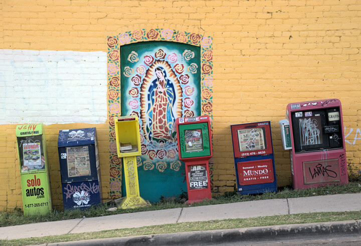 Mural on the side of El Milagro, popular tortilla makers located on the corner of E 6th St and San Marcos St in East Austin. Founded by Mexican immigrant and local tortilla specialist Raul Lopez, El Milagro has been an Austin fixture since 1950. Photograph by Flickr user jamesconradshea (CC BY-NC-SA 2.0).
