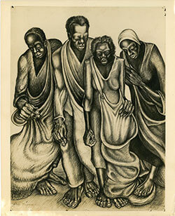 Cotton Pickers, 1947. Sketch by John Biggers, depicting his early realist style. Photo courtesy of John Biggers's Estate. John Biggers Papers, Emory University Manuscript, Archives, and Rare Book Library. Cotton Pickers, 1947. Sketch by John Biggers, depicting his early realist style. Photo courtesy of John Biggers's Estate. John Biggers Papers, Emory University Manuscript, Archives, and Rare Book Library.
