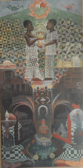 House of the Turtle, pre-installation, Hampton University, Hampton, Virginia, ca. 1992. Mural by John Biggers. Photo courtesy of John Biggers's Estate. John Biggers Papers, Emory University Manuscript, Archives, and Rare Book Library. House of the Turtle, pre-installation, Hampton University, Hampton, Virginia, ca. 1992. Mural by John Biggers. Photo courtesy of John Biggers's Estate. John Biggers Papers, Emory University Manuscript, Archives, and Rare Book Library.