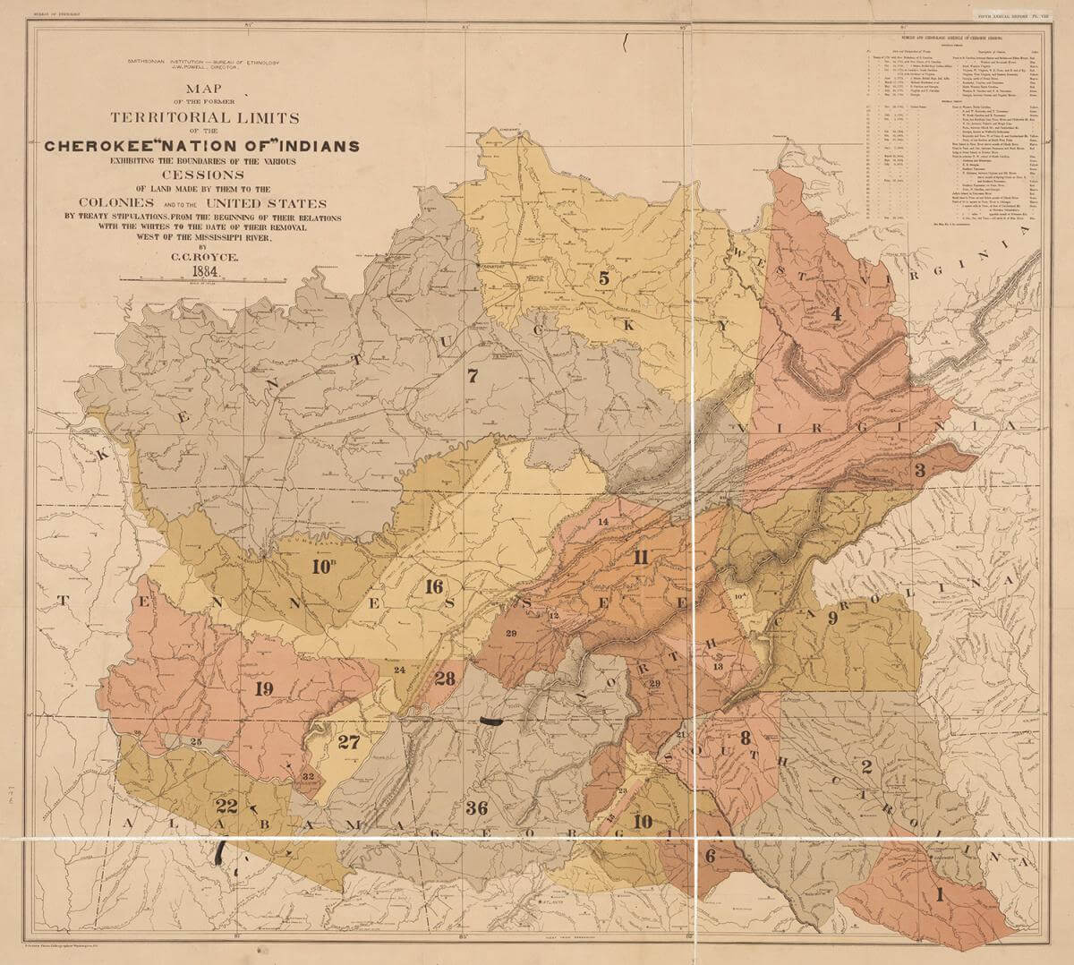 Map of the former territorial limits of the Cherokee "Nation of" Indians, 1884. Map by Charles C. Royce. Courtesy of the North Carolina Collection, Smithsonian Institution, Bureau of Ethnology. Map is in public domain. Map of the former territorial limits of the Cherokee "Nation of" Indians, 1884. Map by Charles C. Royce. Courtesy of the North Carolina Collection, Smithsonian Institution, Bureau of Ethnology. Map is in public domain.