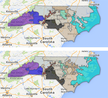 2001 (top) and 2011 (bottom) North Carolina congressional district maps. Map by the North Carolina State Board of Elections and Google Maps. 2001 (top) and 2011 (bottom) North Carolina congressional district maps. Map by the North Carolina State Board of Elections and Google Maps.