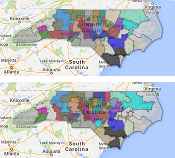 2003 (top) and 2011 (bottom) North Carolina Senate district maps. Map by the North Carolina State Board of Elections and Google Maps. 2003 (top) and 2011 (bottom) North Carolina Senate district maps. Map by the North Carolina State Board of Elections and Google Maps.