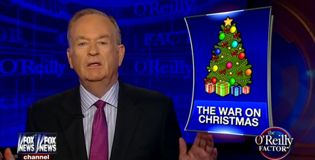 Millions of voters seem convinced that the greatest threat to our nation is the "war on Christmas." This still is from the December 2, 2014 episode of the The O'Reilly Factor on Fox News.