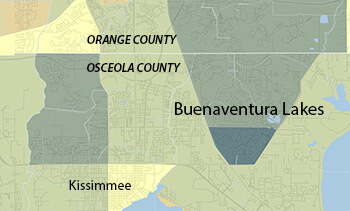 Buenaventura Lakes, Florida. Data from the 2010 Census, Hispanic population according to census tract. Map courtesy of Southern Spaces.