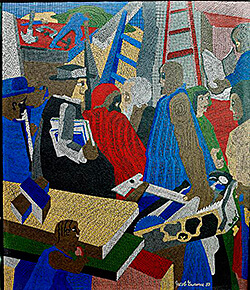 Community, ceramic tile mosaic on lobby wall of the Joseph P. Addabbo Federal Building, Jamaica, Queens, New York by Jacob Lawrence, 1989. Photograph of mosaic by Carol M. Highsmith. Courtesy of Library of Congress, Prints and Photographs Division, Carol M. Highsmith Archive, LC-DIG-highsm-02817. Community, ceramic tile mosaic on lobby wall of the Joseph P. Addabbo Federal Building, Jamaica, Queens, New York by Jacob Lawrence, 1989. Photograph of mosaic by Carol M. Highsmith. Courtesy of Library of Congress, Prints and Photographs Division, Carol M. Highsmith Archive, LC-DIG-highsm-02817.