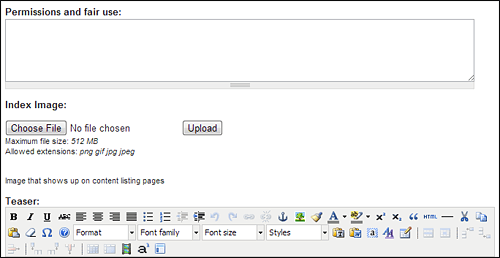 Screenshot of Southern Spaces "Edit" page showing the "Permissions and fair use" field. Screenshot of Southern Spaces "Edit" page showing the "Permissions and fair use" field.