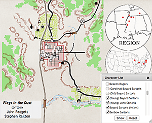 Users have several options for exploring a text's characters. Here, members of the Sartoris family have been selected from an alphabetical list of all 249 characters in the database of Flags in the Dust. Screenshot by Stephen Railton, 2014. Courtesy of Digital Yoknapatawpha Project.