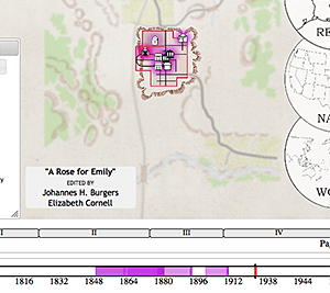 A visualization of "A Rose for Emily," after the user has "played" the narrative. The vertical line at 1924 indicates the date at which story both begins (black line) and ends (red on top of that).The events of this story occur in a very circumscribed space. However, note how far and frequently the narrative travels back in time. Screenshot by Stephen Railton, 2014. Courtesy of Digital Yoknapatawpha Project.