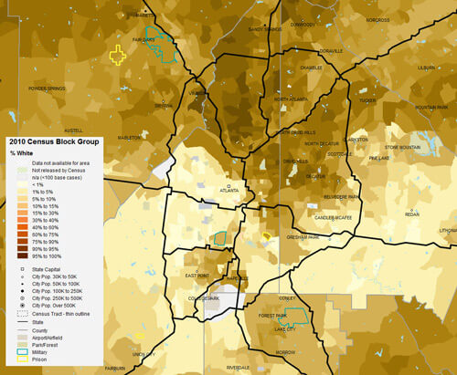 Percentage of metro Atlanta white residents by 2010 census block group, 2013. Data from Social Explorer. Percentage of metro Atlanta white residents by 2010 census block group, 2013. Data from Social Explorer.