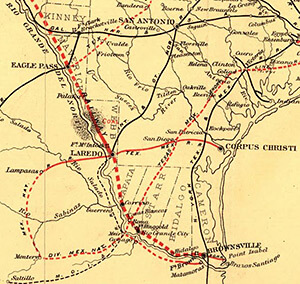 Rio Grande and Pecos Railway Company, Detail of a map of the Rio Grande and Pecos Railway showing the locations of Brownsville, Laredo, and Eagle Pass, 1882. Courtesy of Library of Congress Geography and Map Division, catalog number 98688791.